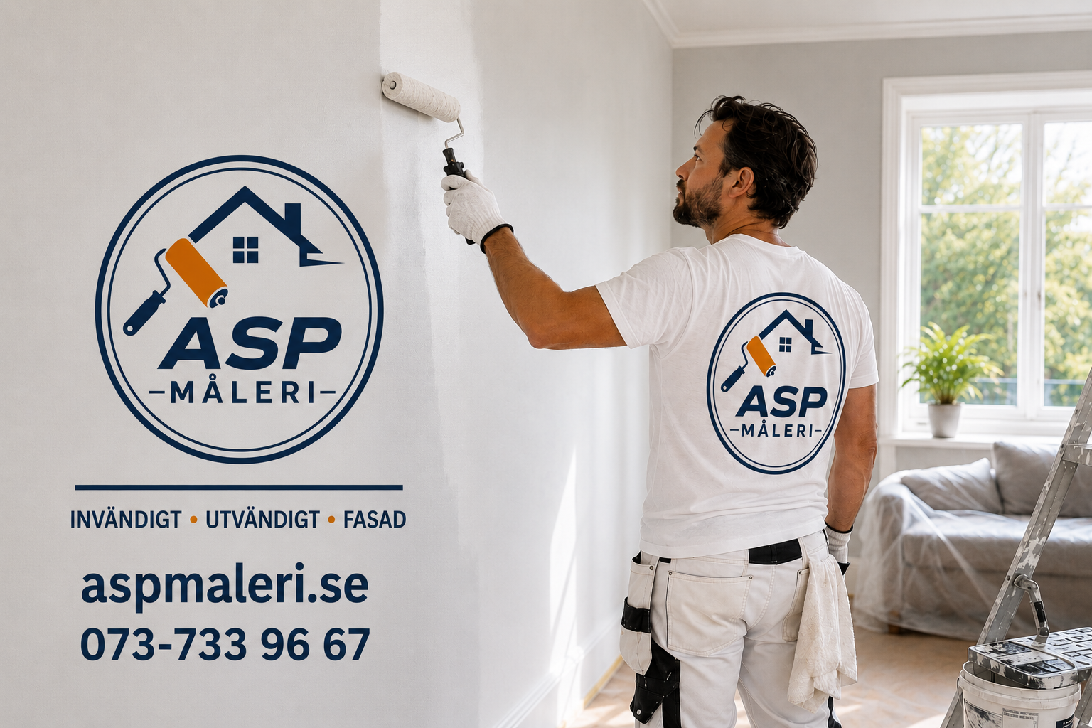 Målare från ASP Måleri rollar en vägg invändigt med ASP Måleri-logotyp på väggen